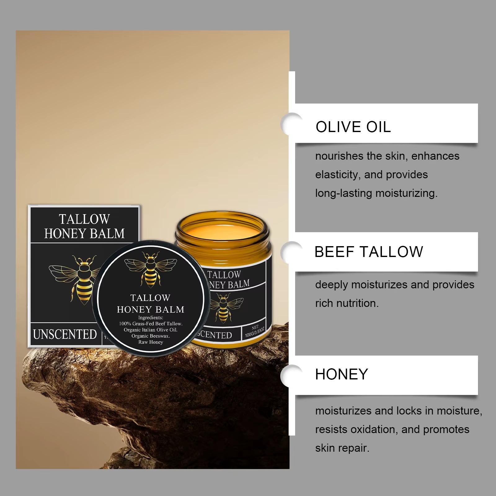 Beef Tallow for Skin Tallow and Honey Balm Organic Grass Fed Whipped Facial Moisturizer Cream Deeply Moisturizing Body Lotion