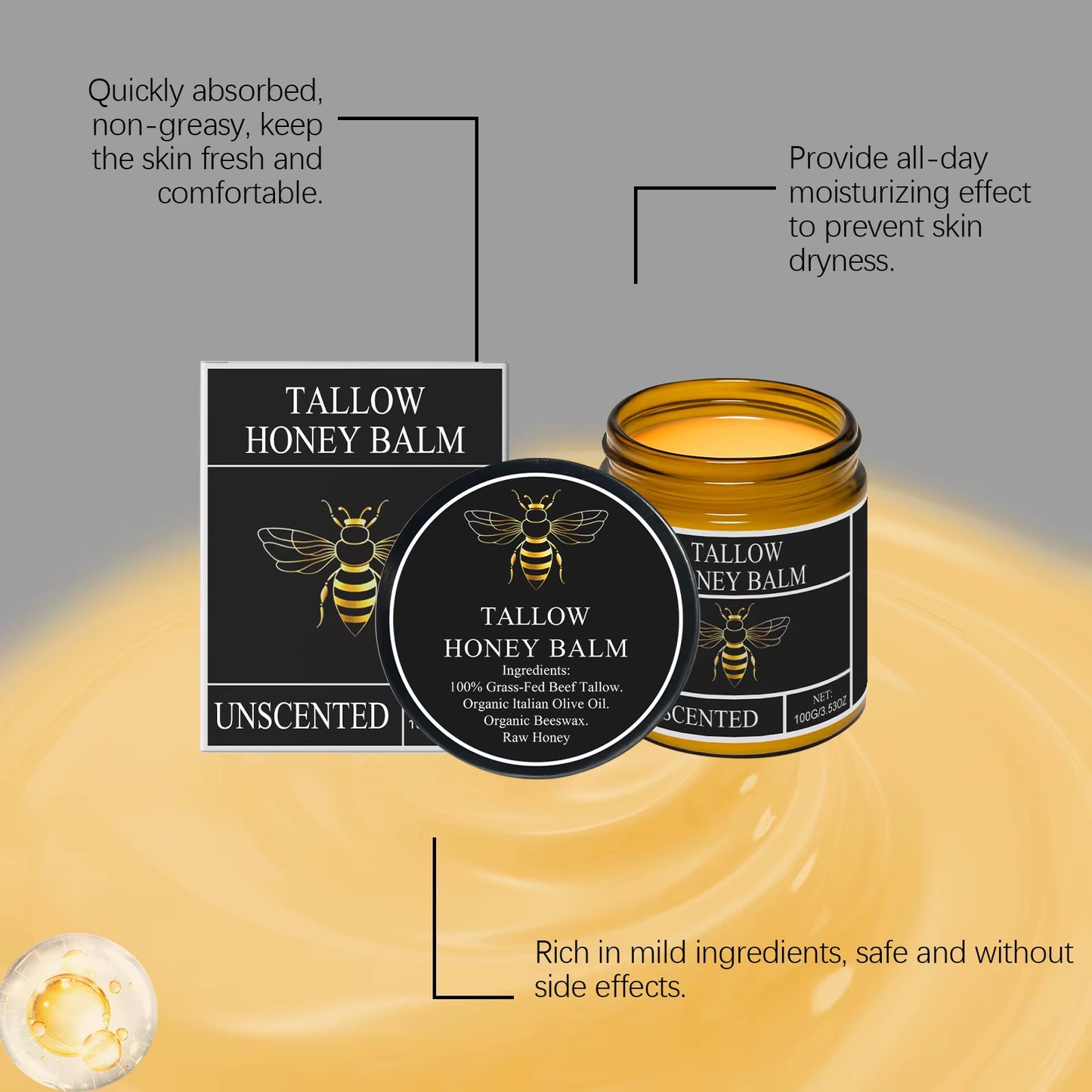 Beef Tallow for Skin Tallow and Honey Balm Organic Grass Fed Whipped Facial Moisturizer Cream Deeply Moisturizing Body Lotion