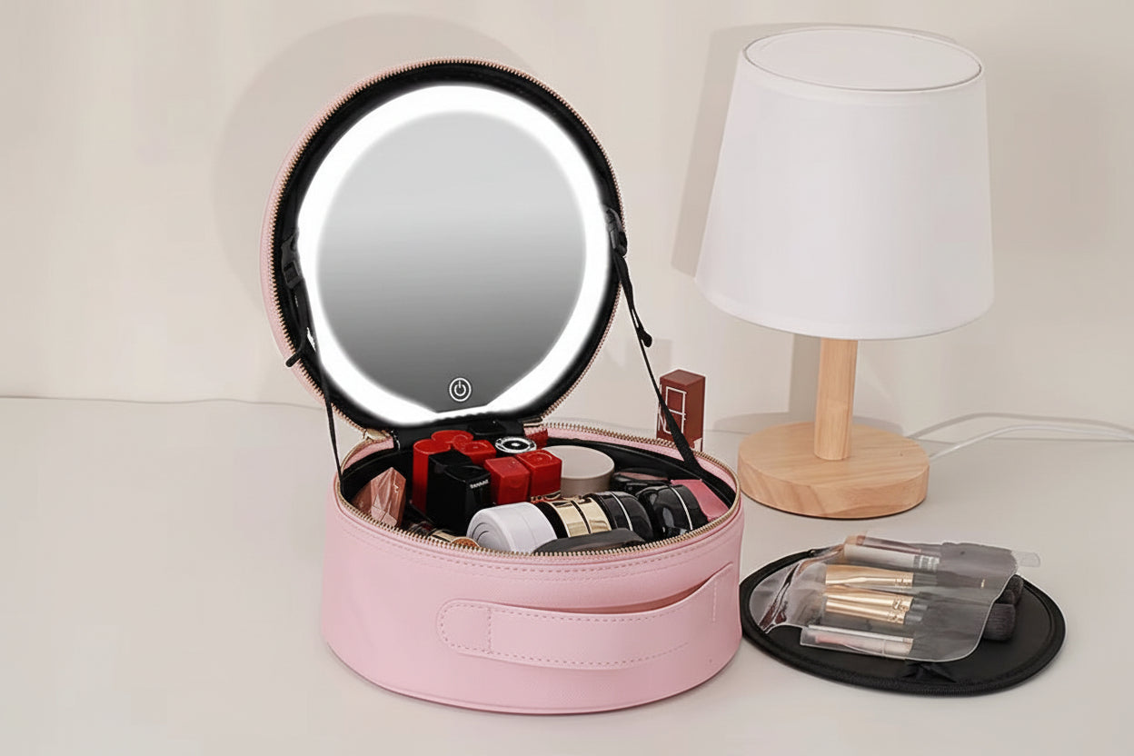 Cosmetic Portable Travel Storage Box with 2000Mah Led Rechargeable Vanity Bags Makeup Case with Led Light Mirror